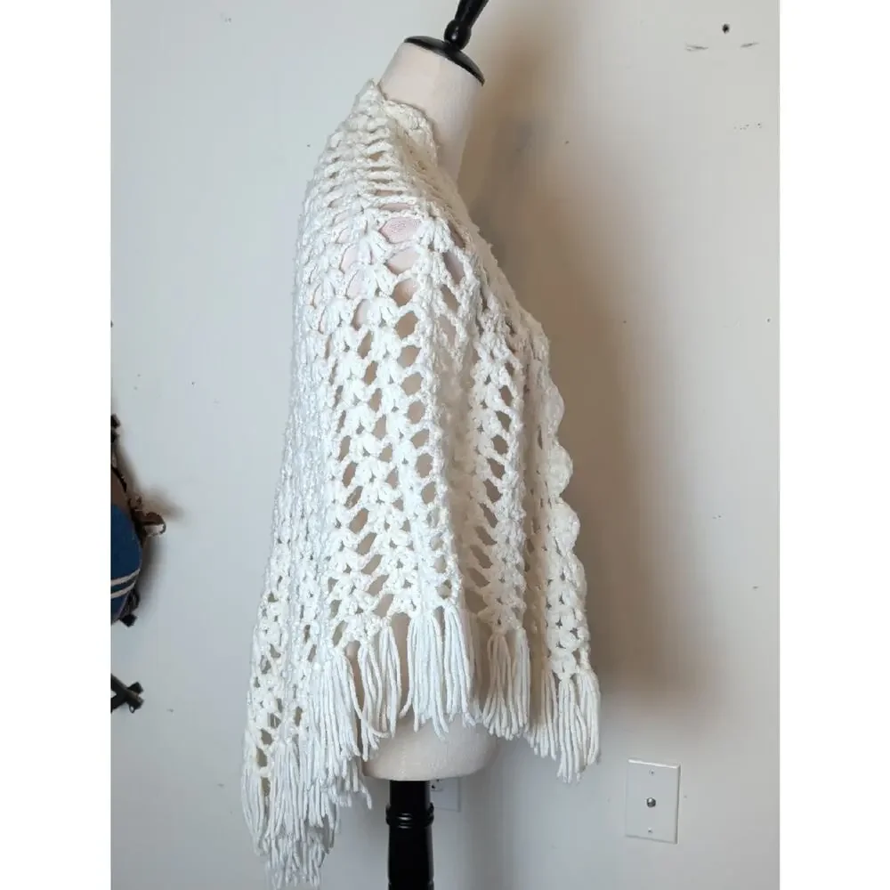 Vintage Handmade Crochet Fringe Shawl Cottagecore Prairie Festival Wrap